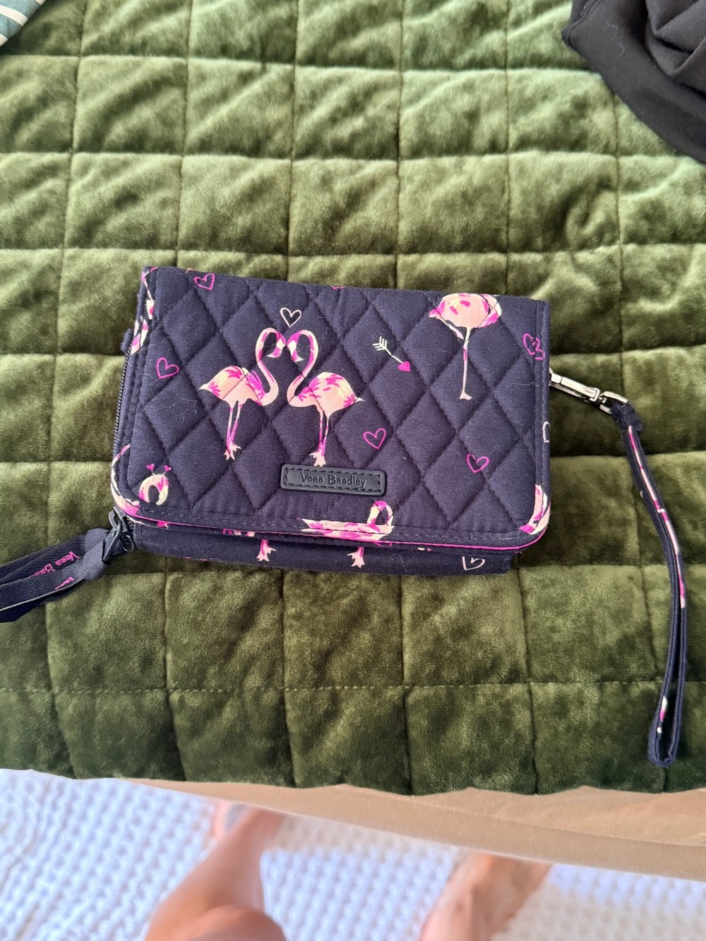 Vera Bradley Navy Quilted Wristlet with Pink Flamingo Print